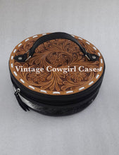 Load image into Gallery viewer, Tooled leather W/buckstitch round makeupcase black
