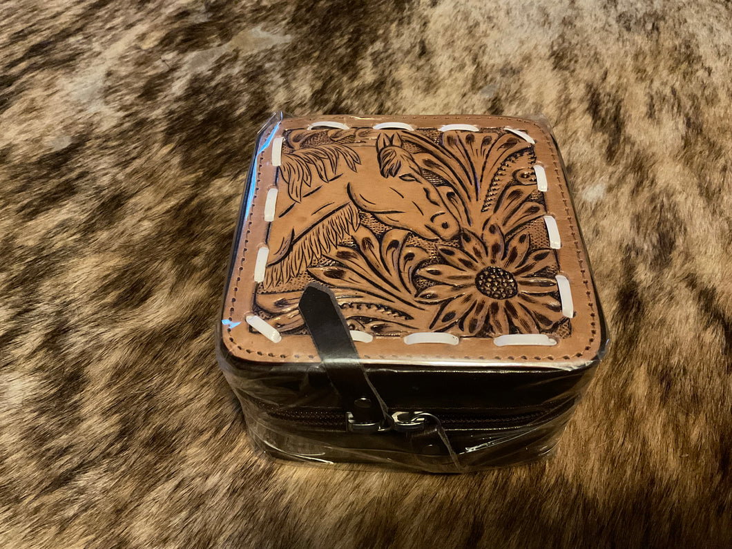 mini jewelry case, tooled leather, horse