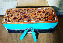 Load image into Gallery viewer, Turquoise Tooled leather/buck stitched top cowhide turquoise mini plus travel jewelry case
