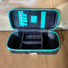 Load image into Gallery viewer, Turquoise Tooled leather/buck stitched top cowhide turquoise mini plus travel jewelry case
