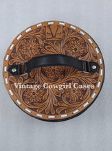 Load image into Gallery viewer, Tooled leather W/buckstitch round makeupcase
