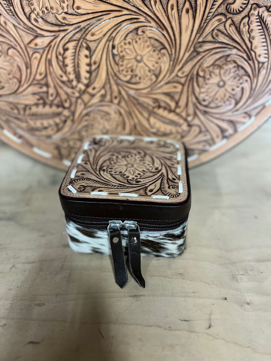 Chocolate brown, dark brown/white cowhide mini jewelry case